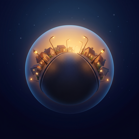 The KeptAtlas app icon, a night street of lamplit houses curving into a small planet