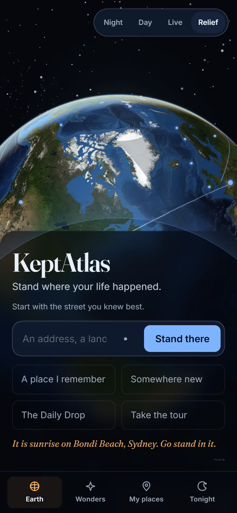The KeptAtlas home screen, a turning Earth in space above an address field