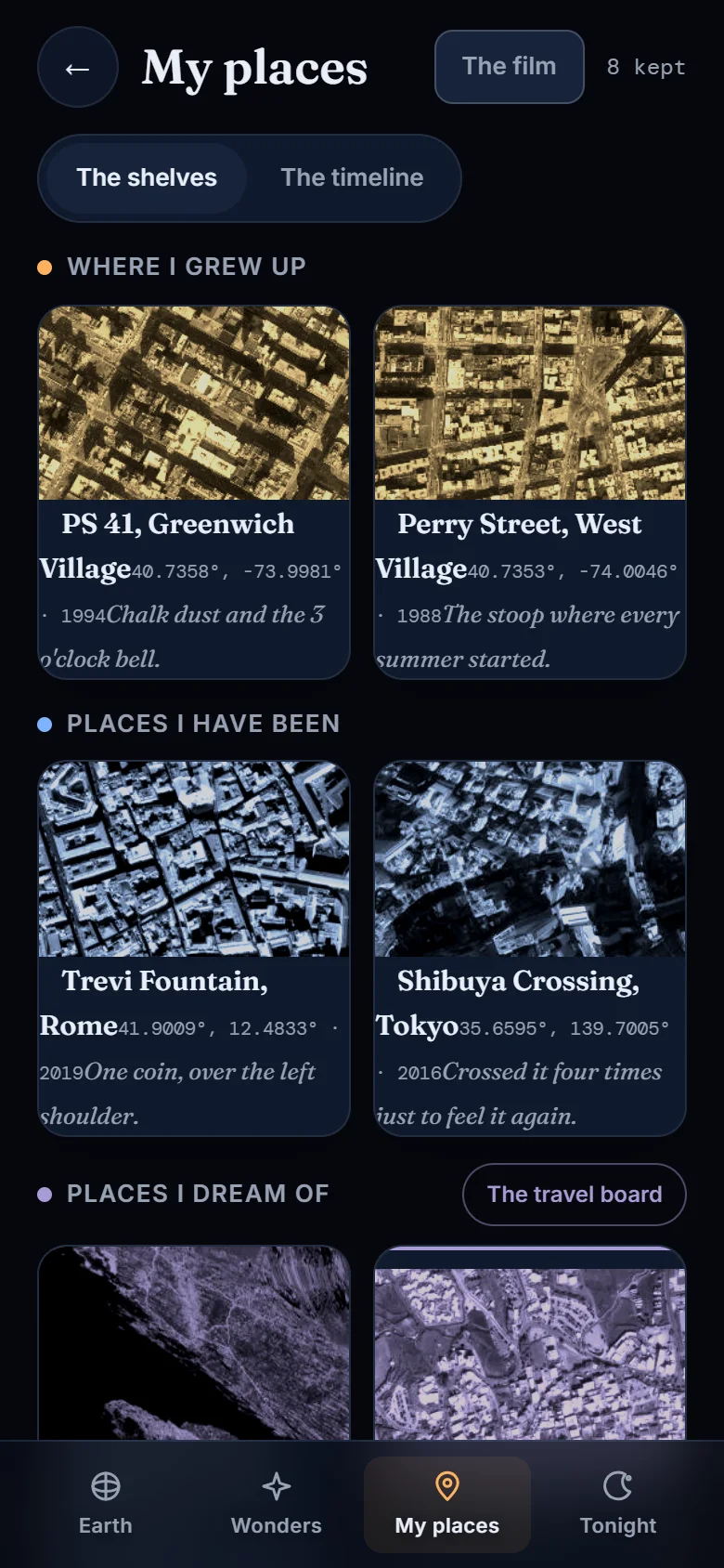 The My places screen, showing kept streets grouped on shelves with years and notes