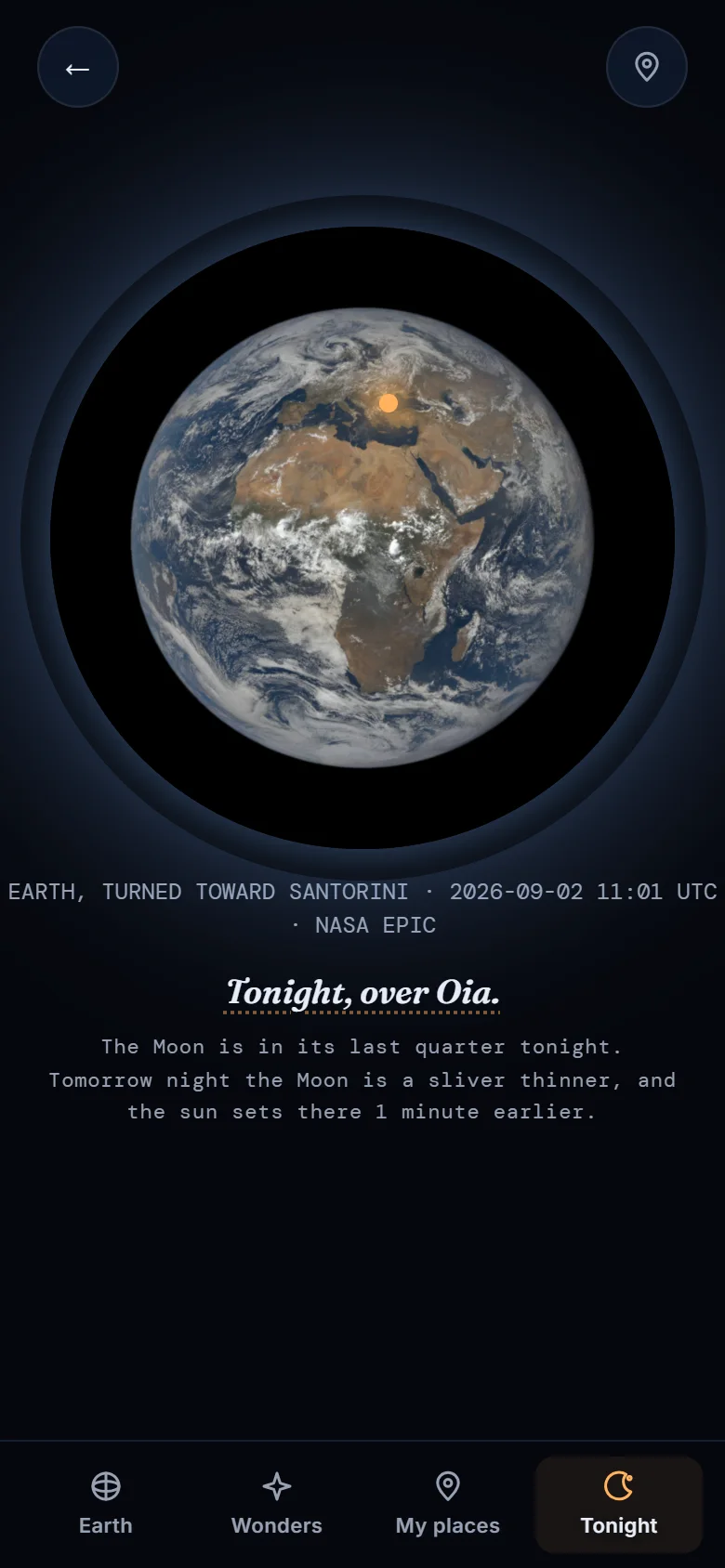 The Tonight screen, a photograph of Earth from space with the night's moon phase