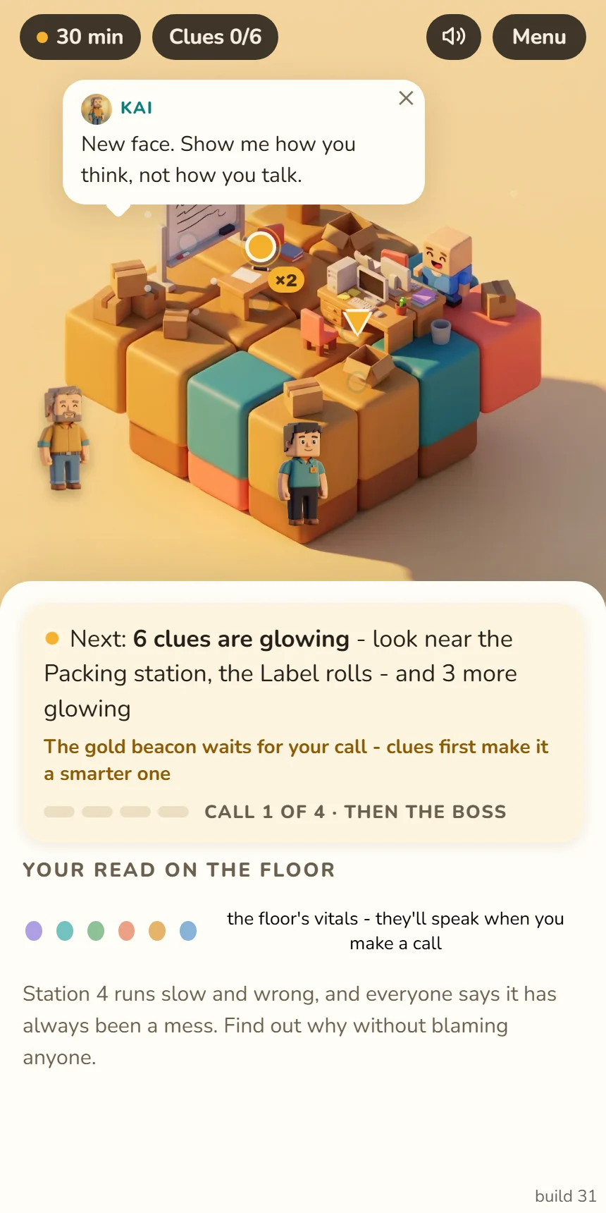 On the floor, six clues glowing