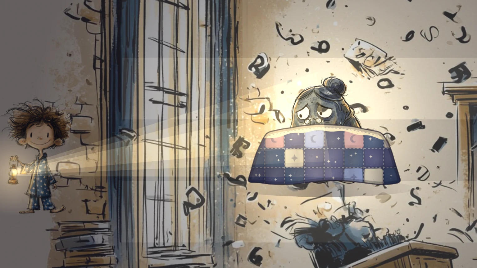 Max holds his lantern, and its light crosses the classroom to the Ink Blot, the first boss, tucked in under a patchwork quilt with stars and moons on it