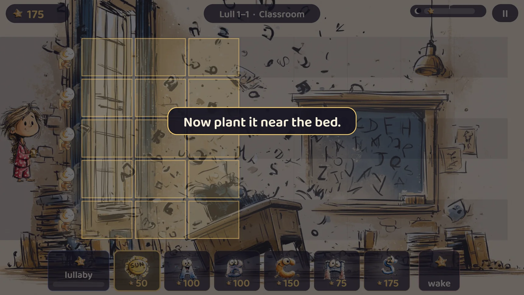 Night one in the classroom: Luna at the bed, the Sun card chosen in the row of friend cards, the spots nearest the bed lit up, and a hint that says Now plant it near the bed