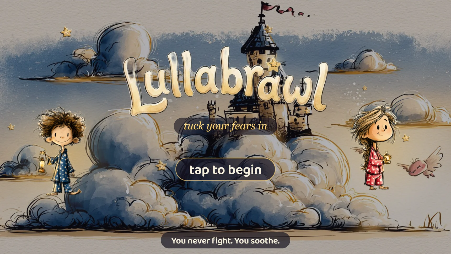 The game's title page: the two dreamers, Max and Luna, on clouds below a castle, under the Lullabrawl wordmark, with tap to begin and the line You never fight. You soothe.