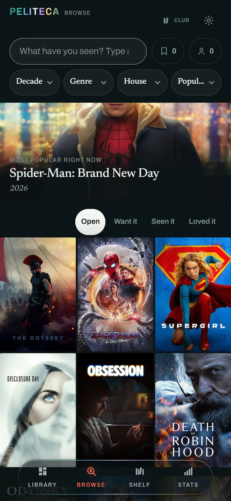 Browsing the catalog, with film posters filling the screen