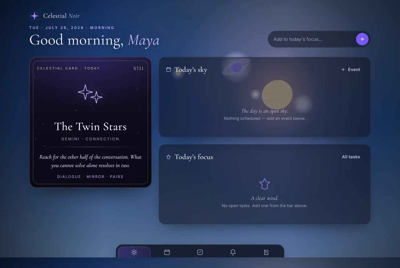 A real planner in the Celestial Noir theme, with a nightly card and today's sky