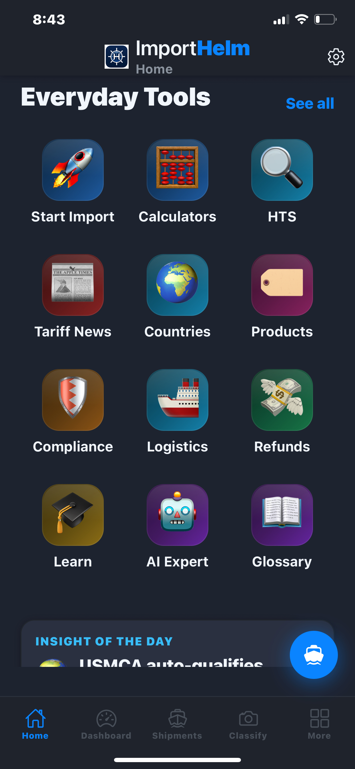 ImportHelm Home screen. Bubble-style tool launcher with 12 primary tools across the top, plus a category grid below for deeper navigation.