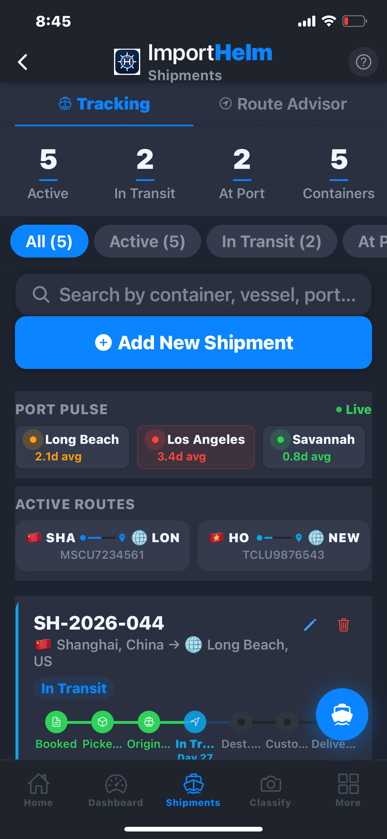 Shipments tracking screen. Live container tracking with Port Pulse congestion indicator, active routes labeled with carrier IDs, full shipment lifecycle from booked to delivered.