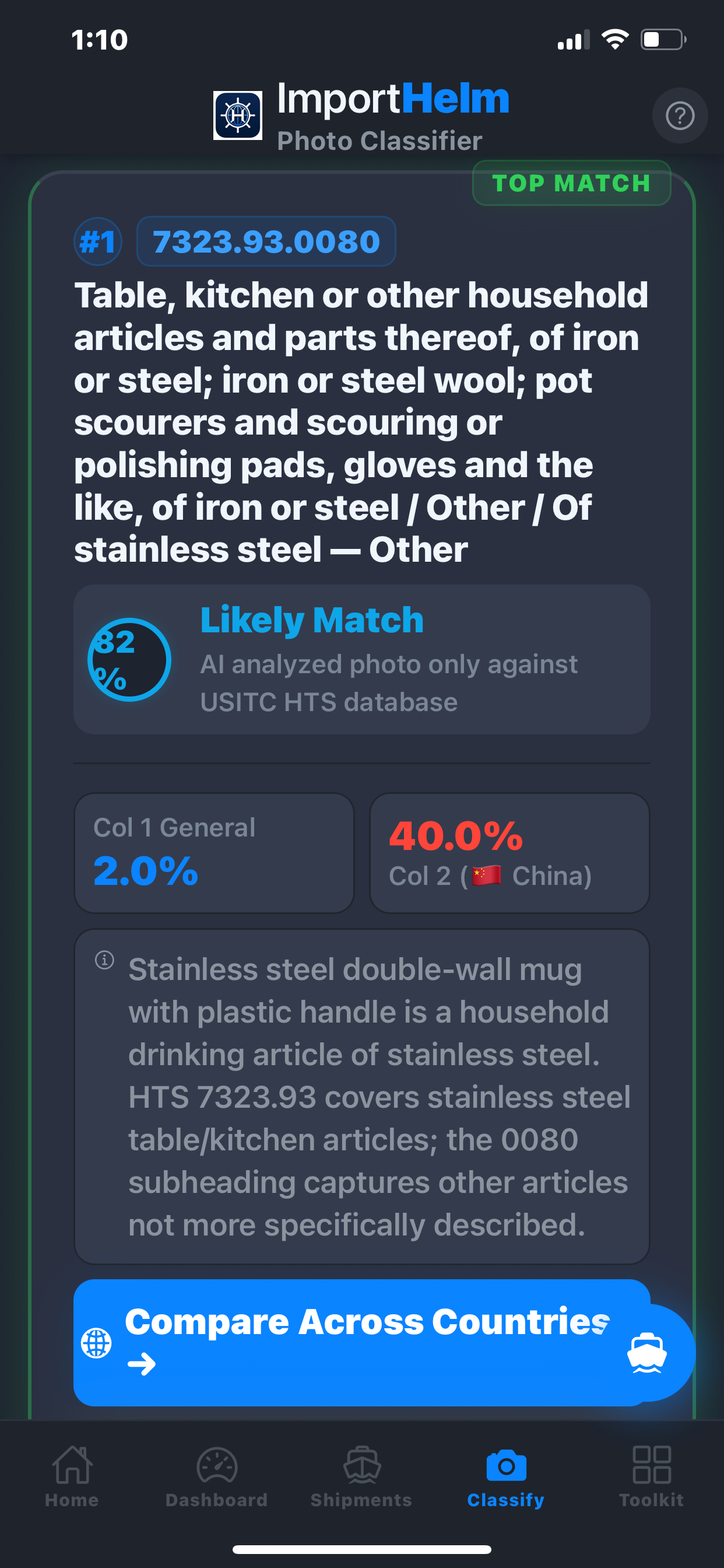 Camera Classify result for a stainless steel mug. Returned as HTS 7323.93.0080 (table, kitchen or other household articles of iron or steel, other, of stainless steel) with 82% Likely Match. Column 1 General rate 2.0%, Column 2 (China) rate 40.0%. Reasoning paragraph explains why this subheading applies.