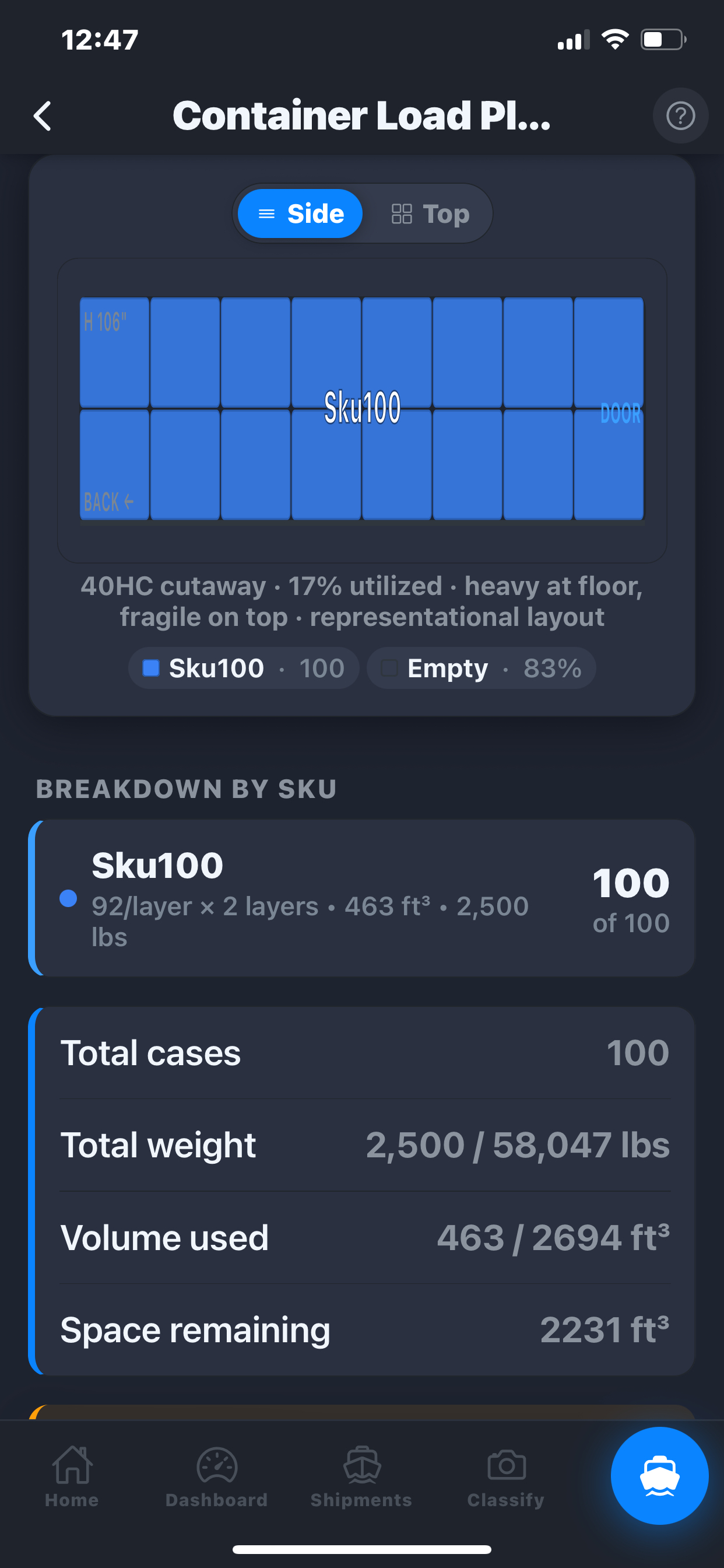 Container Load Planner side-view cutaway. Blue Sku100 blocks packed into 40-foot high cube container at 17 percent utilization. Total cases 100, total weight 2,500 of 58,047 pounds, volume used 463 of 2,694 cubic feet, space remaining 2,231 cubic feet.