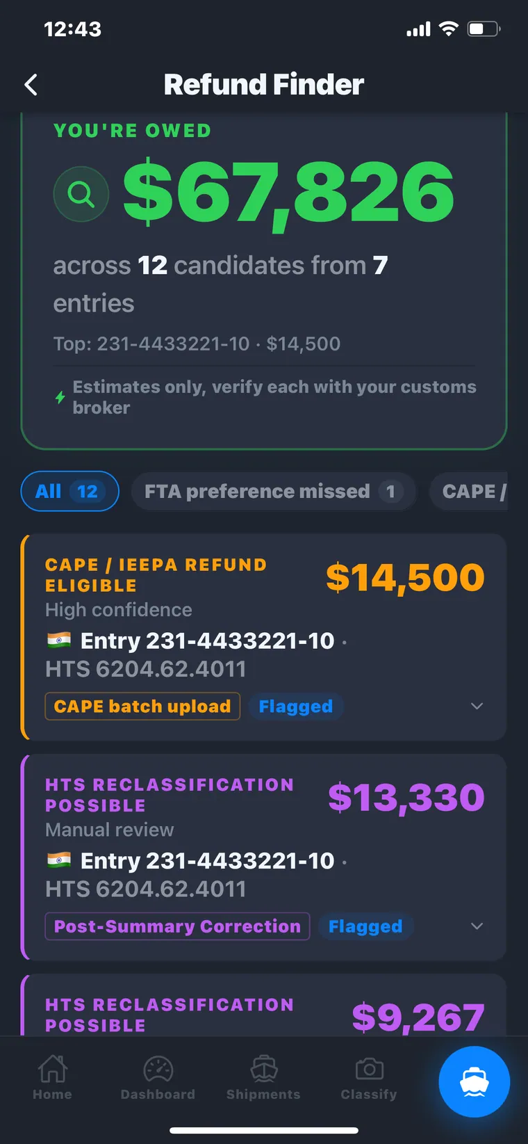 ImportHelm Refund Finder results
